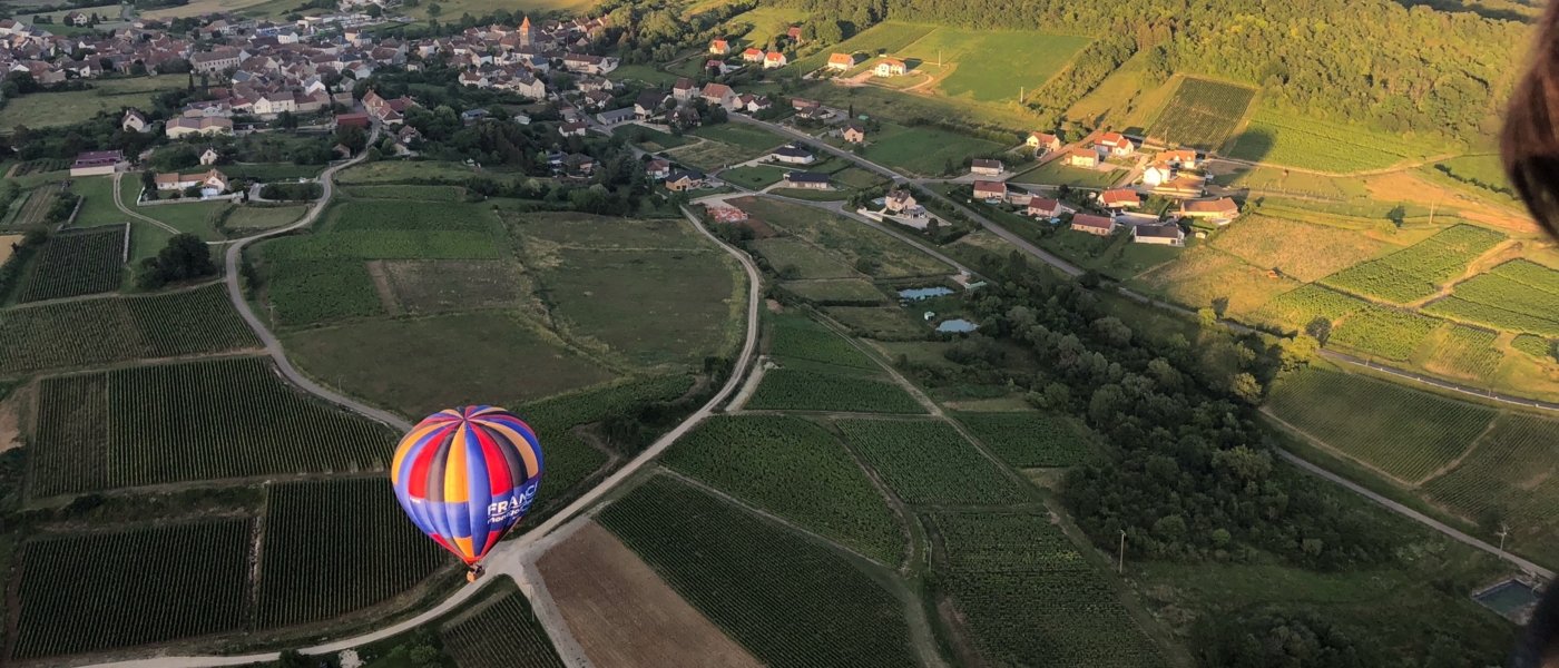 Hot Air Balloon over the vineyard of Pommard, Cotes de Beaune, Burgundy