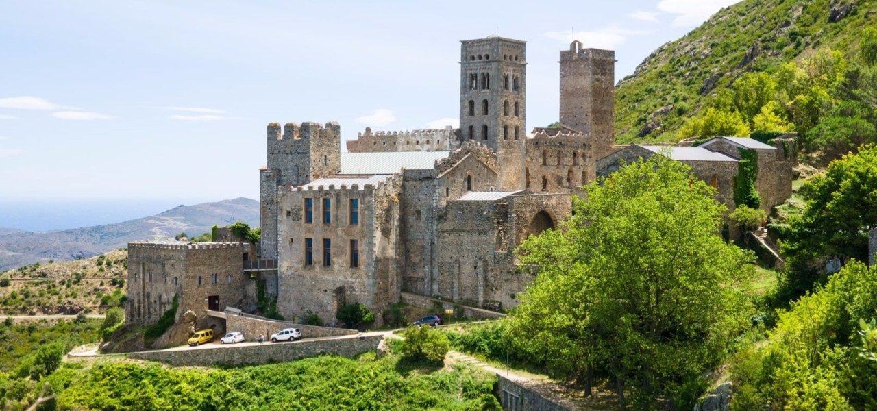 Emporda Region, Sant Pere de Rodes benedictyne monastery, overlooking the Mediterranean and vineyards growth.